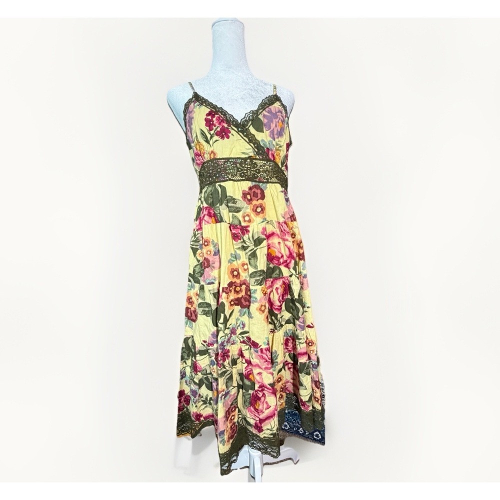 Neelam M Tiered Summer Sundress Yellow Flowered Lace Rhinestone